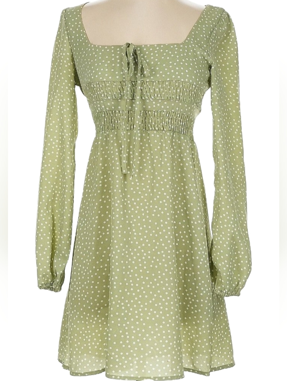 NASTY GAL Light Green Polka Dot Long Puff Sleeves Smocked Bodice Mini Dress Sz 4